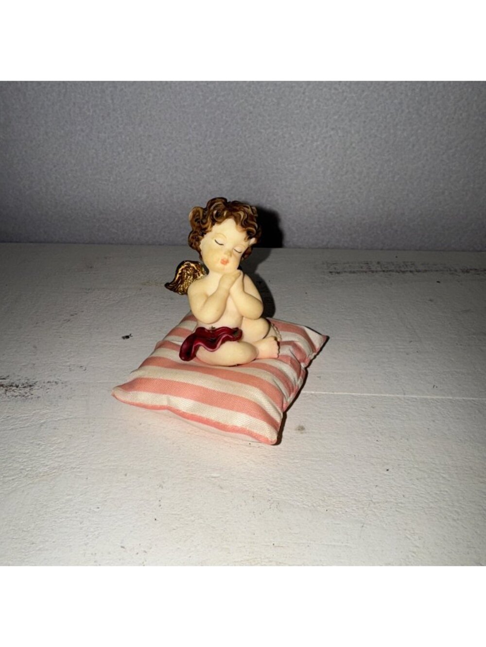 Vintage Porcelain Cherub Angel on Striped Pillow Figurine Trinket Whatnot